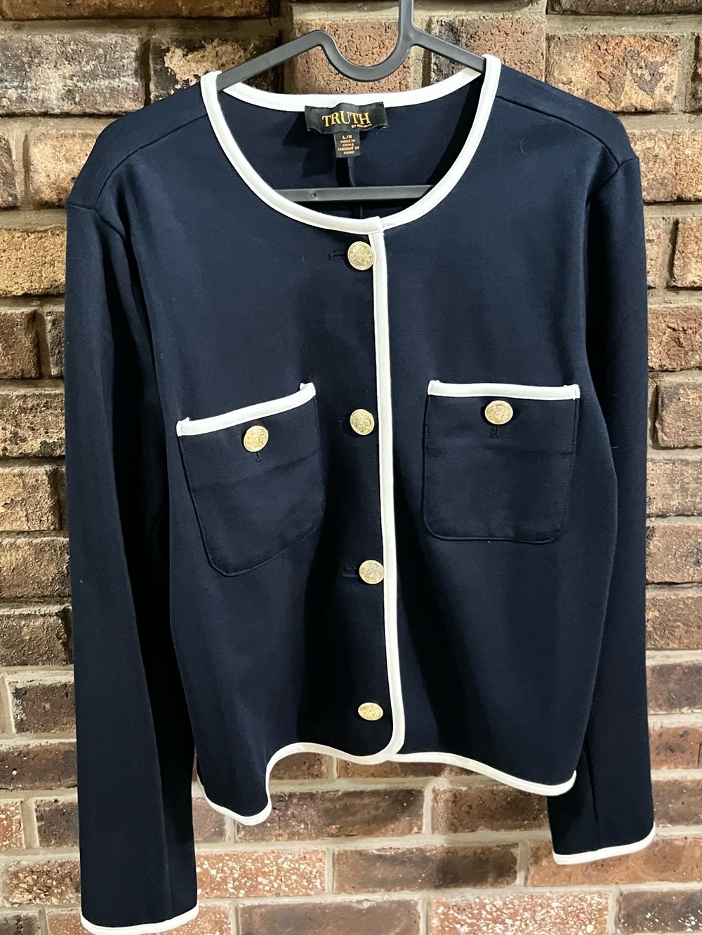 Truth Navy Jacket with White Trim and Gold Buttons